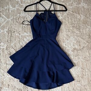 B Darlin Navy Blue Lace-Back Tiered Skater Dress